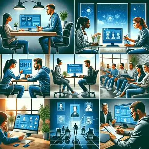 Collage de seis escenas ilustrando métodos de investigación UX: entrevistas de usuarios, pruebas de usabilidad frente a pantalla, focus groups, observación de comportamiento y análisis con equipos