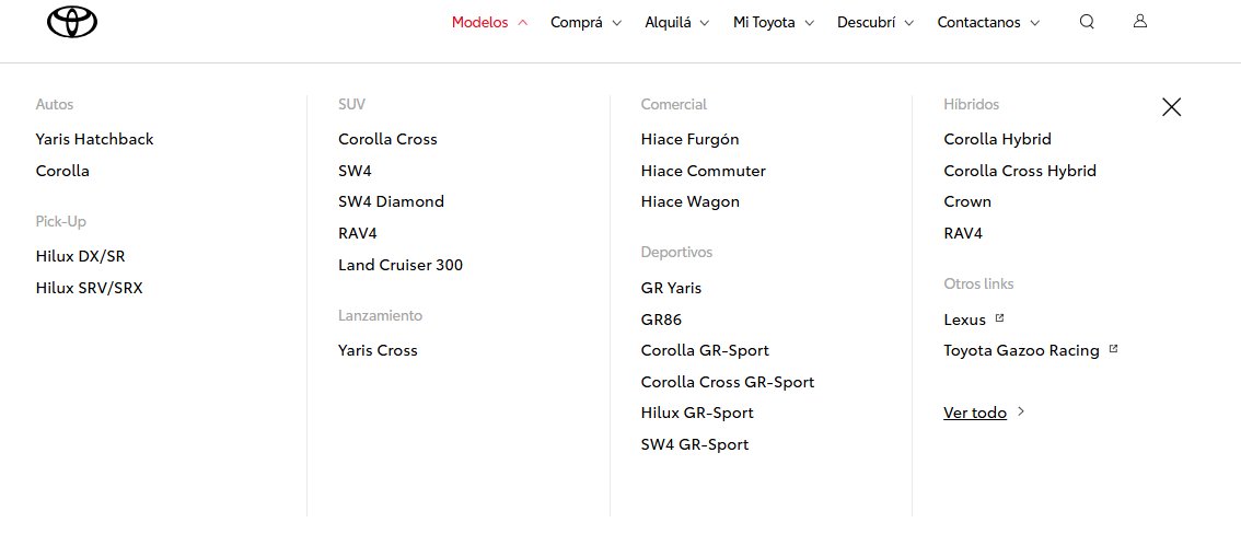 Captura del sitio de Toyota mostrando un megamenú